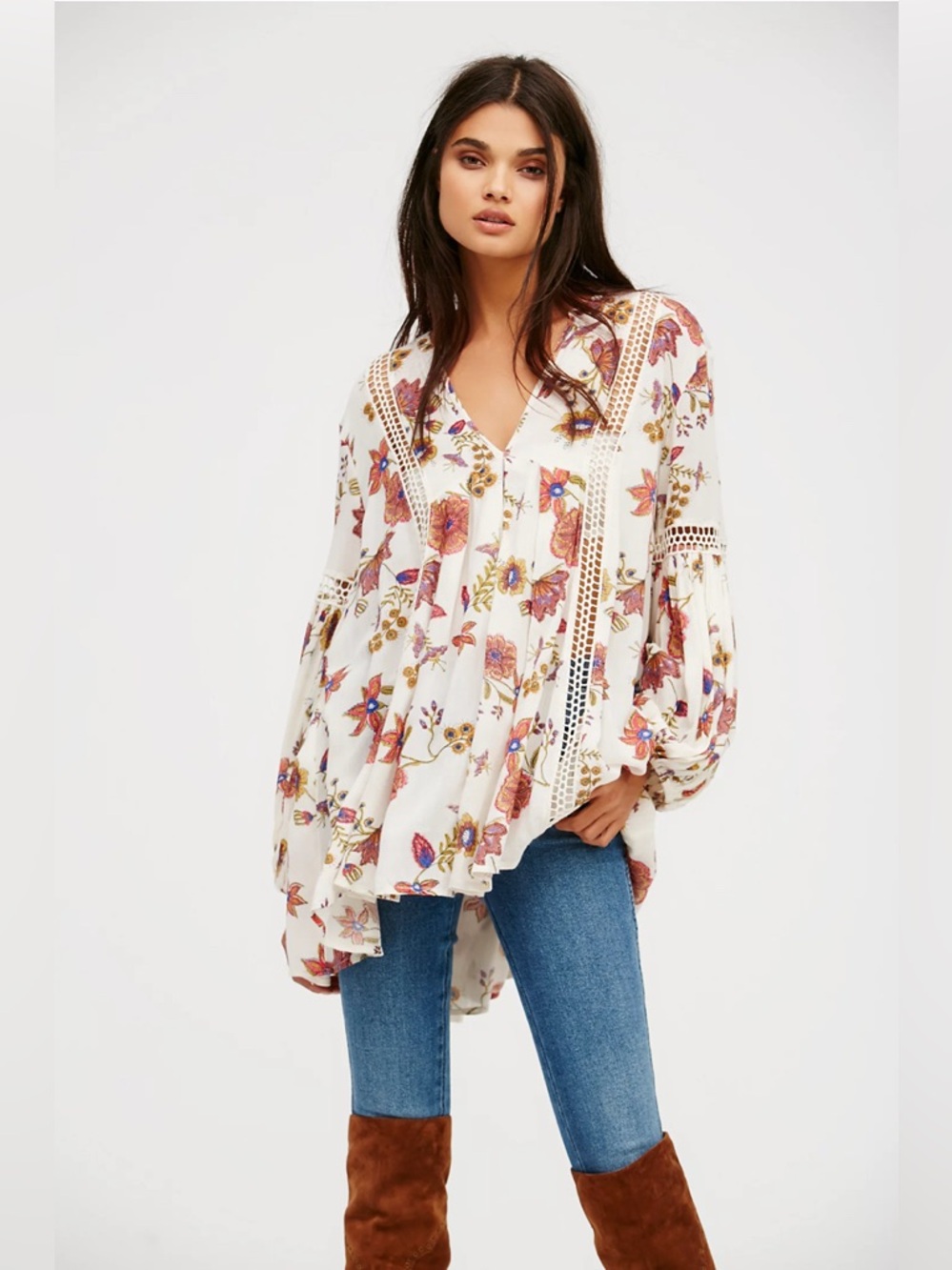 Free People Just the Two of Us Floral Tunic Dress in Cream Soft Coral Size Small